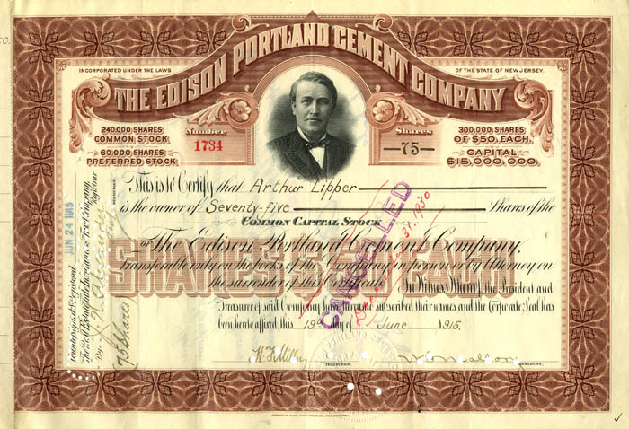 Thomas A. Edison Inc. - Edison Portland Cement - Transferred to Thomas A. Edison, Inc. - Stock Certificate